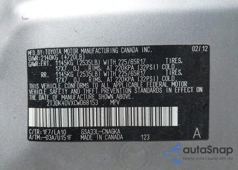 2012 Toyota Rav4 Limited V6 z USA, uszkodzony, nr VIN 2T3DK4DVXCW068153